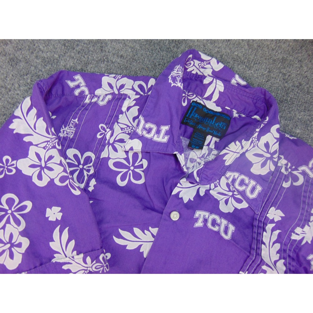 Texas Christian TCU Horned Frogs Shirt Mens XL Guayabera Hawaiian Purple Floral